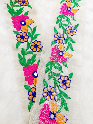 Beige Art Silk Fabric Trim With Pink and Yellow Floral Embroidery, Foil Mirror Embroider Trimming, Trim By The Yard